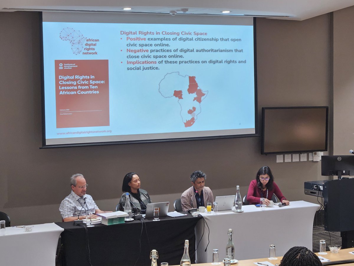Tony @phat_controller from @IDS_UK, Anand @Anandstweets and Tanya @UCT_Research presenting critical findings from the African Digital Rights Network on #digitalcitizenship #digitalsurveillance and #disinformation at the @ifip_94 2024 conference in Cape Town.