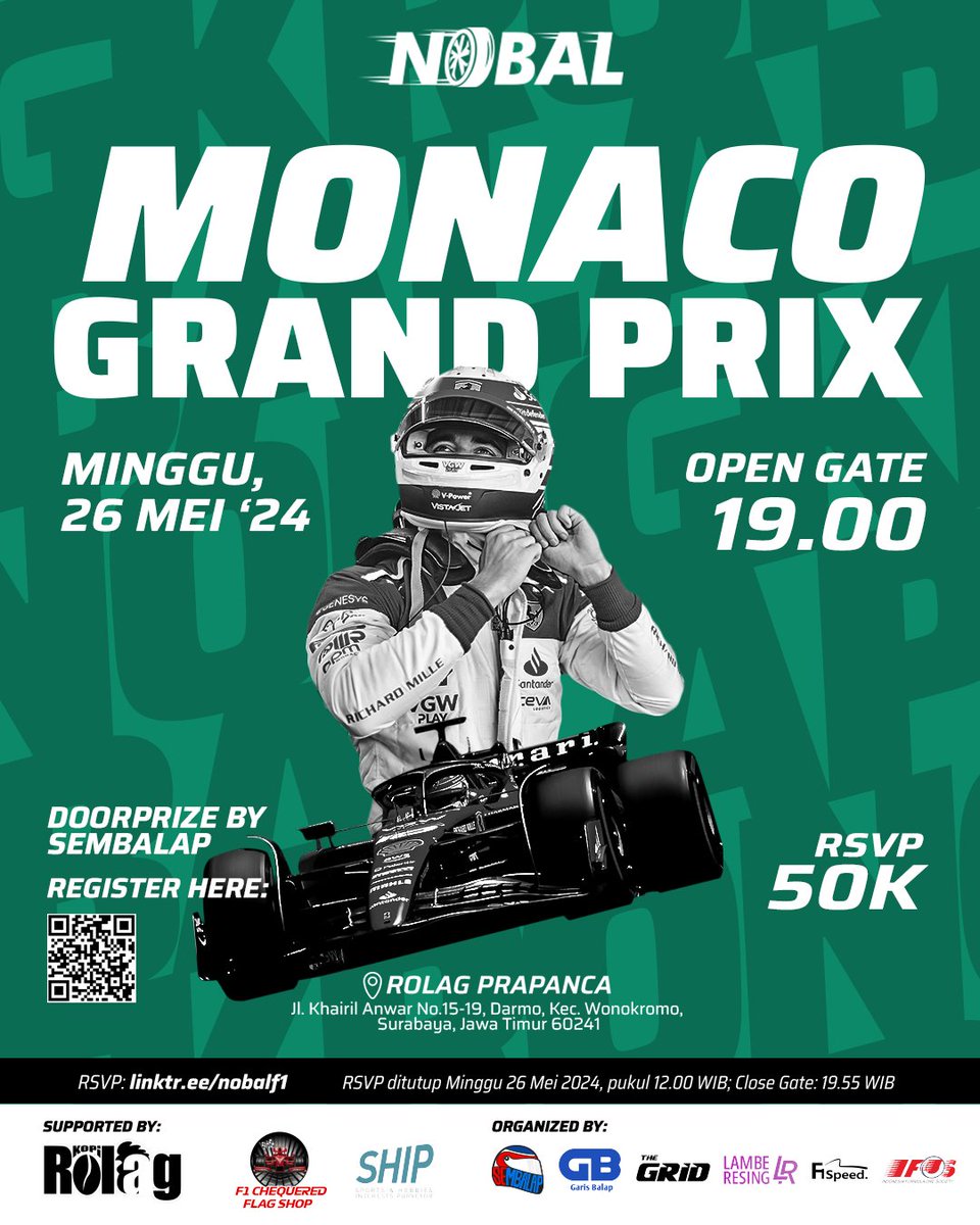 Untuk sobat yang ada di Jakarta dan Surabaya, mari kita menonton mobil mewah mengelilingi satu negara di GP Monaco minggu ini 😄 Cus RSVP ke linktr.ee/nobalf1 atau scan QR yang ada di poster yaaa! #MonacoGP #F1