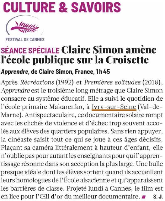 Vu dans l’<a href="/humanite_fr/">L'Humanité</a>.

L'école Anton Makarenko fait briller notre ville jusqu’à Cannes !

Une grande fierté de voir un film valoriser le vivre-ensemble dans nos écoles, loin de toutes les stigmatisations et des stéréotypes que l'on peut entendre sur les quartiers populaires.