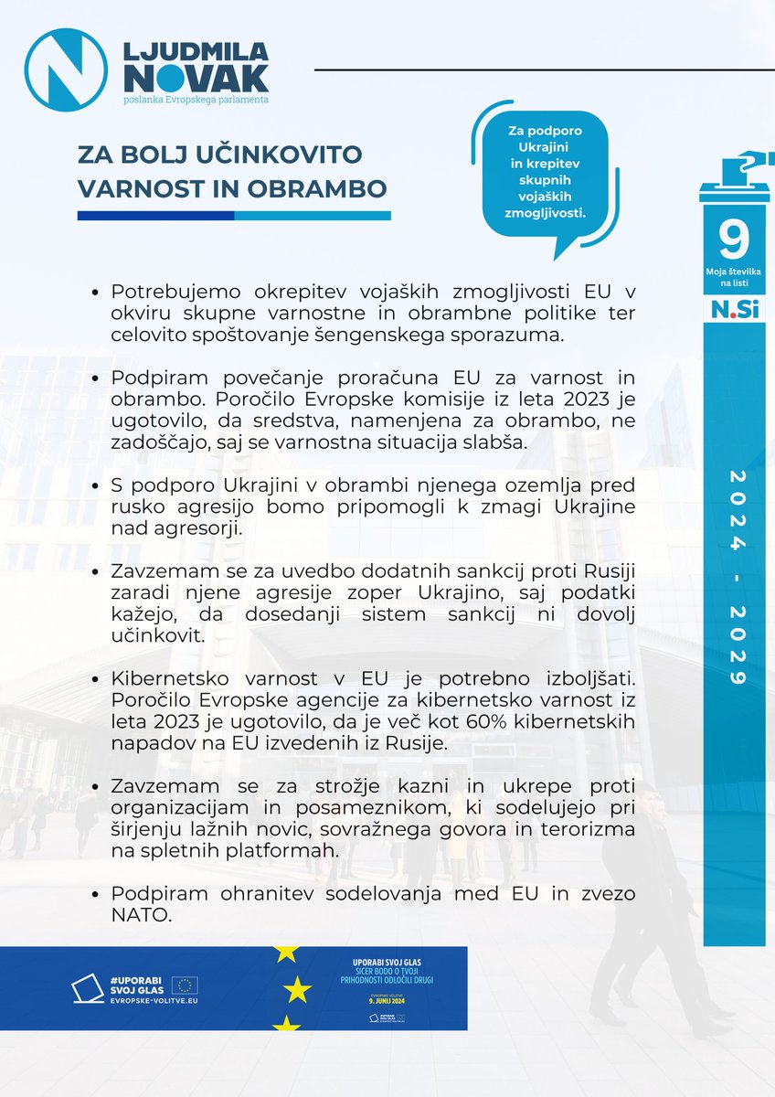 EU mora okrepiti varnost in obrambo, da bi učinkovito zaščitila svoje državljane pred naraščajočimi grožnjami, kot so terorizem, kibernetski napadi in geopolitične nestabilnosti, ter zagotovila stabilnost in mir na svojem ozemlju. #UporabiSvojGlas @NovaSlovenija #9