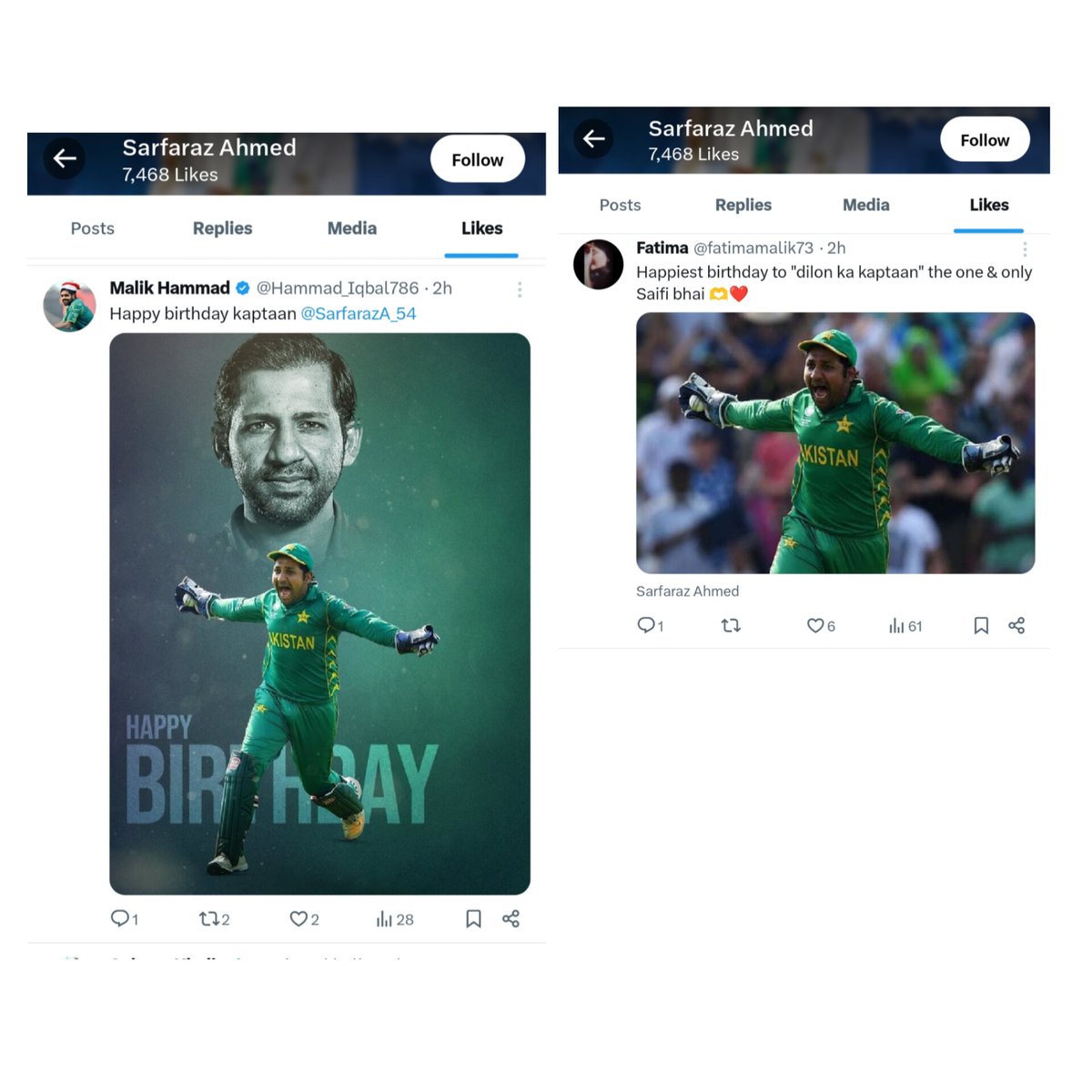 Sarfaraz Ahmed dilon k kaptaan liking birthday wish tweets of his fans... @SarfarazA_54
@Mustafasays__ @mustafamasood0 @Rnawaz31888 @Daniyal550 @fatimamalik73 @Hammad_Iqbal786 @SaadonaBreak1  @Imshussain56  @sameer2819_  @FHASEEN