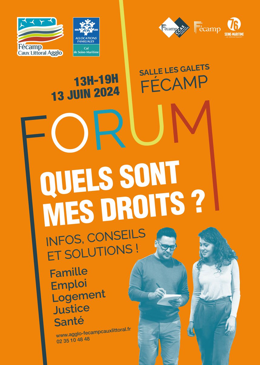 <a href="/AggloFecamp/">Agglo Fécamp Caux Littoral</a> organise le Forum "Quels sont mes droits ?" le 13 juin à Fécamp de 13h à 19h, salle des galets, avec+ de 40 partenaires des secteurs de la #famille, de l’#emploi, du #logement, de la #justice, de la #santé.
👉agglo-fecampcauxlittoral.fr/actualite/foru…