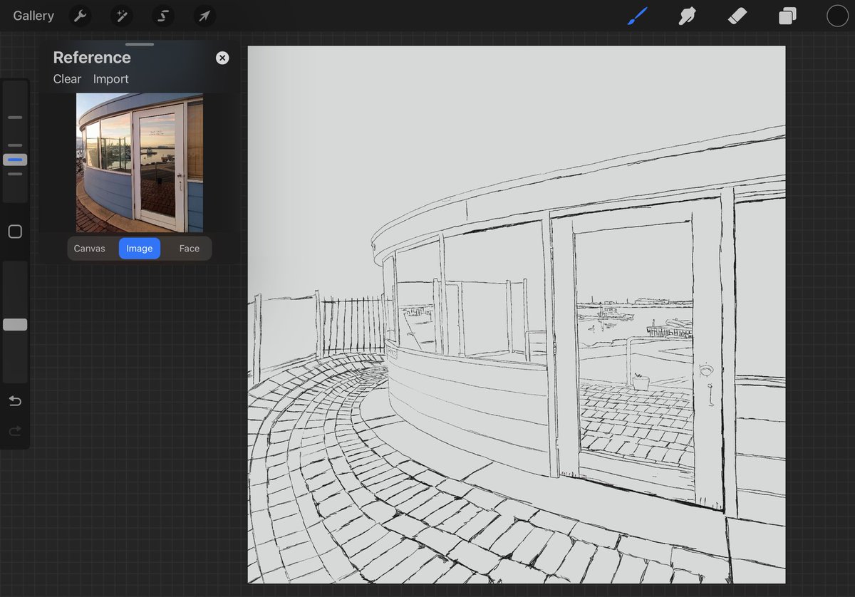 New drawing underway. The office at the anchorage marina. I really like the different perspectives this shows within the pictorial plane. 
#DigitalArt #procreate #photography