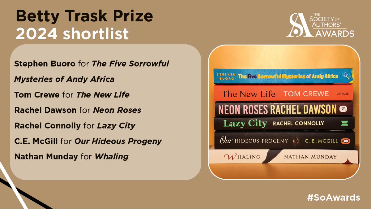 Soc_of_Authors's tweet image. ✨The Betty Trask Prize shortlist:

Stephen Buoro for The Five Sorrowful Mysteries of Andy Africa

Tom Crewe for The New Life

Rachel Dawson for Neon Roses

Rachel Connolly for Lazy City

C.E. McGill for Our Hideous Progeny

Nathan Munday for Whaling