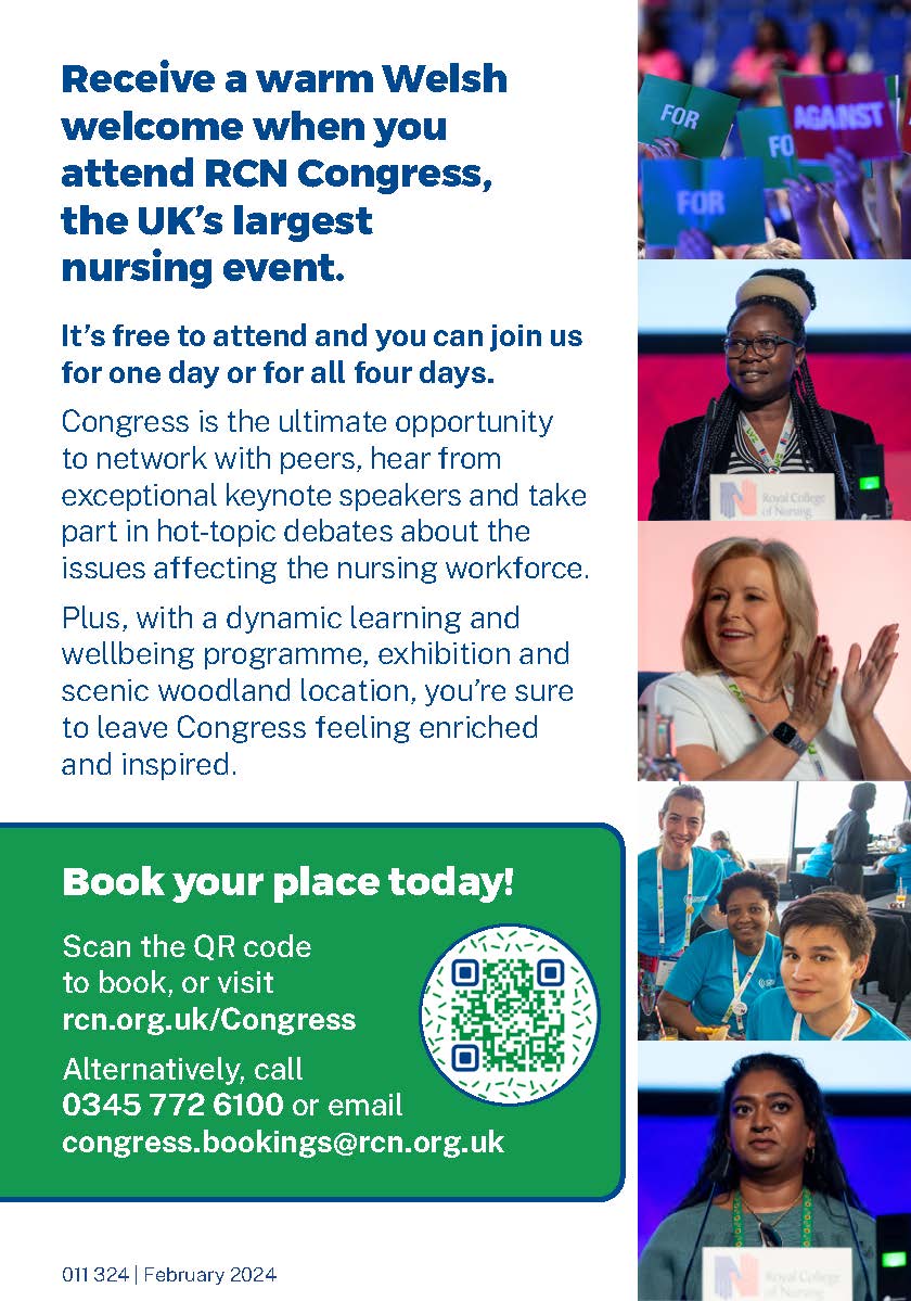 Receive a warm Welsh welcome when you attend RCN Congress the UK's largest nursing event 2-6 June 2024. Scan the QR code below or visit rcn.org.uk/Congress
