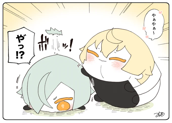 とある本丸のひと休み758「ご機嫌・源氏もちの本丸」
#とある本丸のひと休み

ご機嫌のもちひげがやってきて、もちひざくんをひと撫で🌸
突然のなでなでに驚いたもちひざくんのパヤが飛び出してしまいました😂😂 