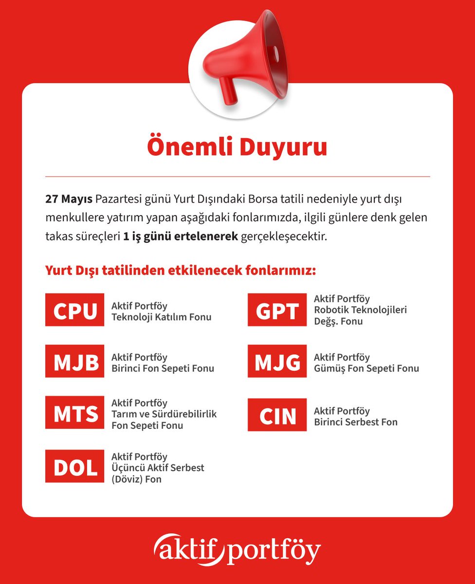 ❗️Müşterilerimize Önemli Bilgilendirme!

📌27 Mayıs Pazartesi günü Yurt Dışındaki Borsa tatili nedeniyle yurt dışı menkullere yatırım yapan aşağıdaki fonlarımızda, ilgili günlere denk gelen takas süreçleri 1 iş günü ertelenerek gerçekleşecektir.