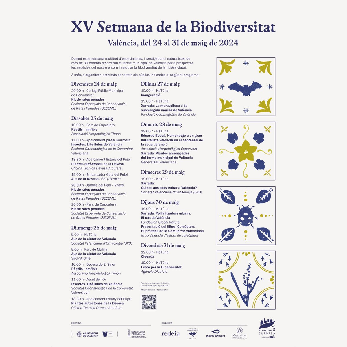 ⌛ Tic-tac... La XV Setmana de la #Biodiversitat arriba a #València #EUGreenCapital en 2 dies‼️ 👉 Participa en les activitats gratuïtes que hem programat i aprén sobre la fauna i flora local de manera divertida.  📅 24-31/05. ⚠️ Cal inscripció. ℹ️ i.mtr.cool/htbuscylby