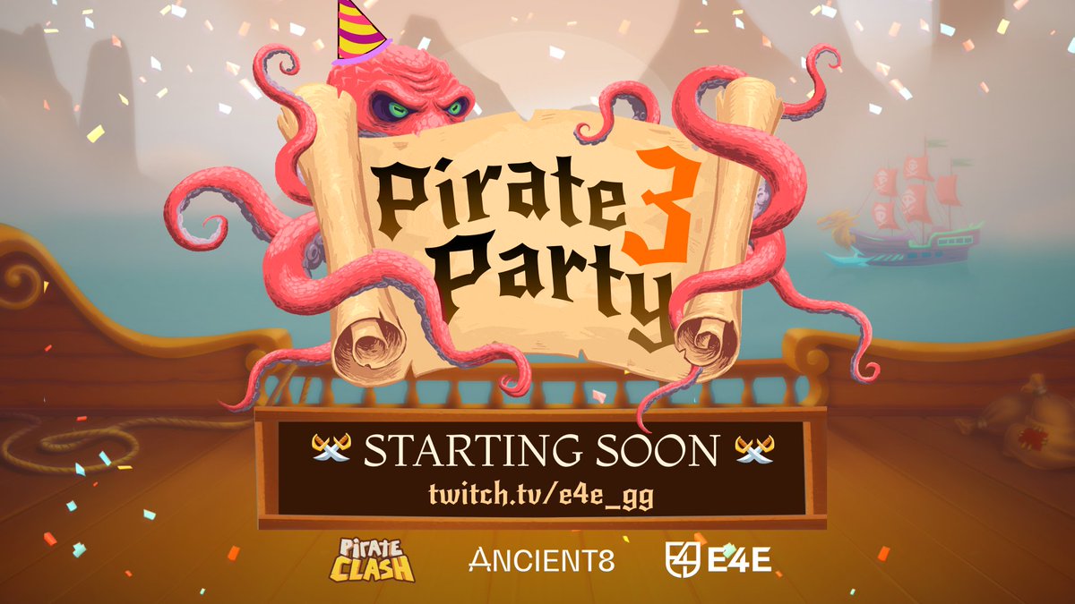 ☠️Gather 'round, pirates! We're an hour from the #E4E_PirateParty with $USDC prizes aplenty💰

Ready yourselves for epic @PirateClash_HQ funs and treasures on the high seas! 🎉With @Chief_AxieGG, @KyleBlohm, and the @Ancient8_gg crew🦜

📅 May 22- 12:00 UTC
📺 Twitch: E4E_gg