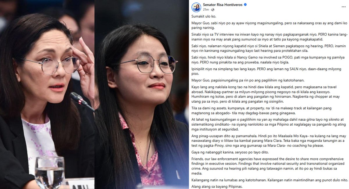 'SUMAKIT ULO KO' Sen. Risa Hontiveros shared that she got a headache after the Senate resumed its probe into illegal Philippine Offshore Gaming Operators (POGOs) in Tarlac and Bamban Mayor Alice Guo, where she noted several inconsistencies in her answers. “Mayor Guo, sabi niyo