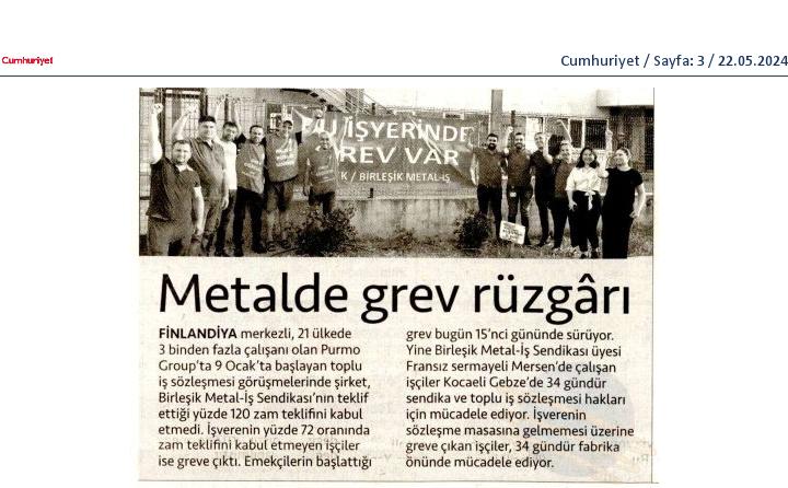 Basında Mersen ve Purmo grevimiz: 'Grevdeki işçiler direnişte kararlı' 'Metalde grev rüzgarı' (BirGün, Cumhuriyet) #YaşasınMersenGrevimiz #YaşasınPurmoGrevimiz #BizKazanacağız