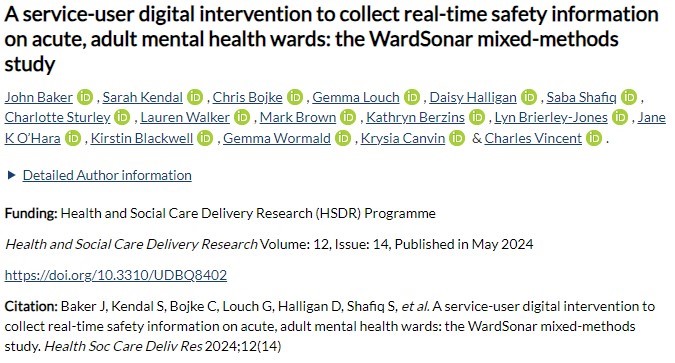 1/. Today we publish our @NIHRresearch report on #WardSonar the 1st attempt to ask patients on acute mental health wards to measure and report changes in perceptions of safety in real-time. journalslibrary.nihr.ac.uk/hsdr/UDBQ8402/…