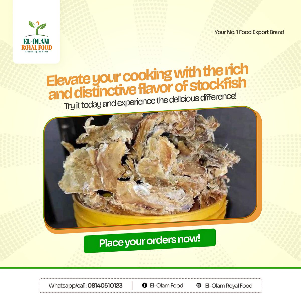 Elevate your cooking with rich and distinctive flavour of stockfish
Nationwide delivery
#elolamroyalfood #trending #food #Foodie #Foodies #foodphotography #FoodSpot #agricfood #foodmart #foodproducer #trend #Nigerian #nigeriaindiaspora #nigerianinuk #nigeriaincanada #nigeriainusa