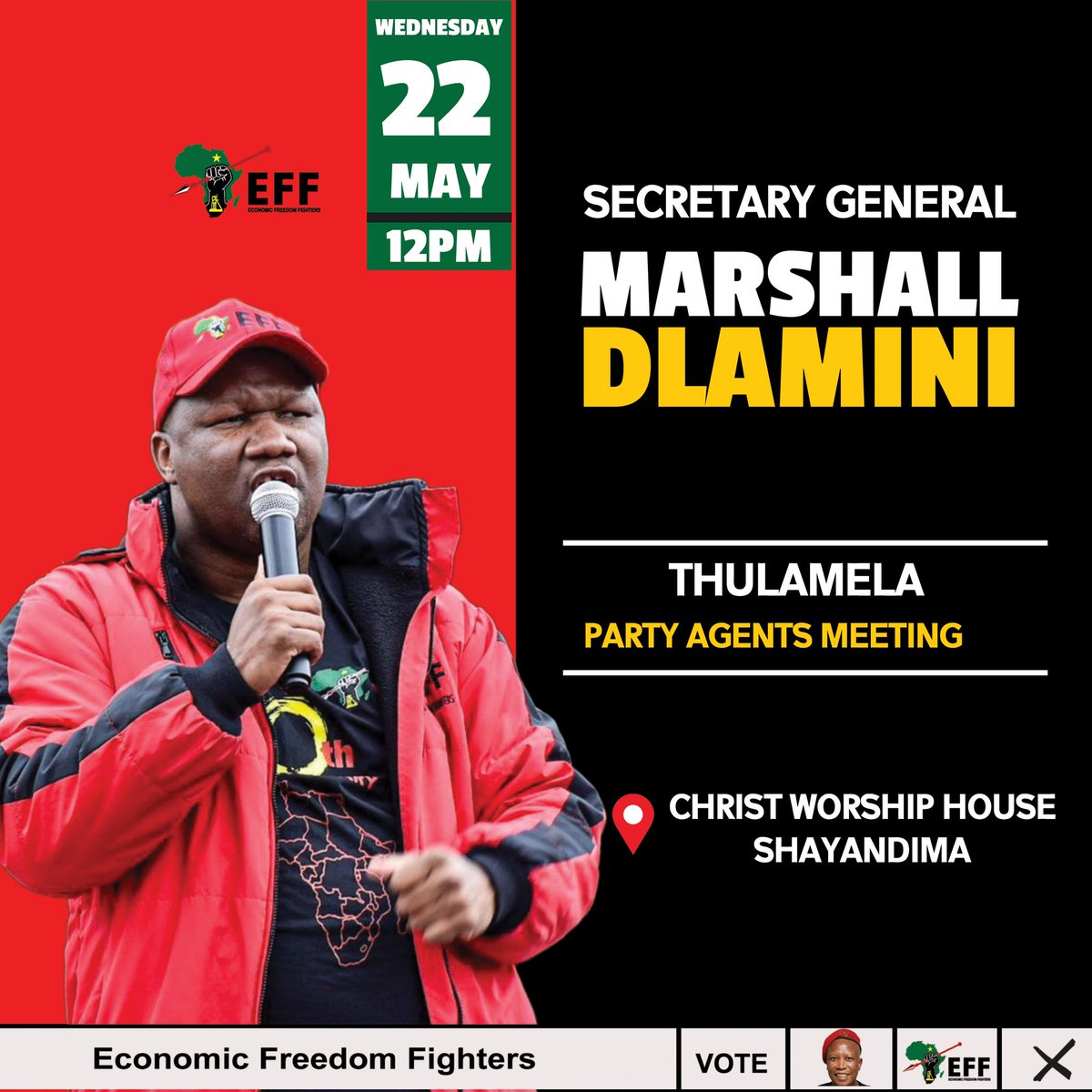 The Secretary-General, Cmsr. @DlaminiMarshall will be in Thulamela subregion today, to Meet with the party agents of Thulamela Subregion. #VoteEFF2024