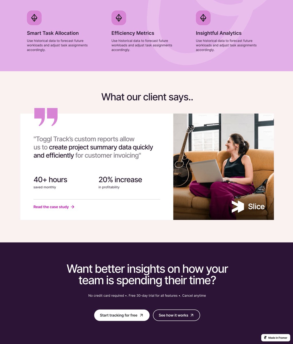 gracesaraswati's tweet photo. I partially redesigned Toggl's landing page using Framer to exercise my design skills. Their app is fantastic, but I thought the landing page could use a fresh look.
I’m excited to share the before → after and hear your thoughts! 👇 #buildinpublic #designroast https://t.co/iKUequFIGu