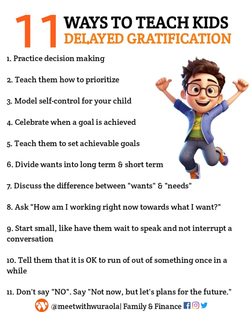 meetwithwuraola's tweet image. Teach your kids the value of patience and hard work, and watch them flourish into responsible, successful adults! 

Start small with simple tasks and build up to bigger goals, one step at a time. 

 #teachyourkids #delaygratification #financialliteracyforkids #catchthemyoung