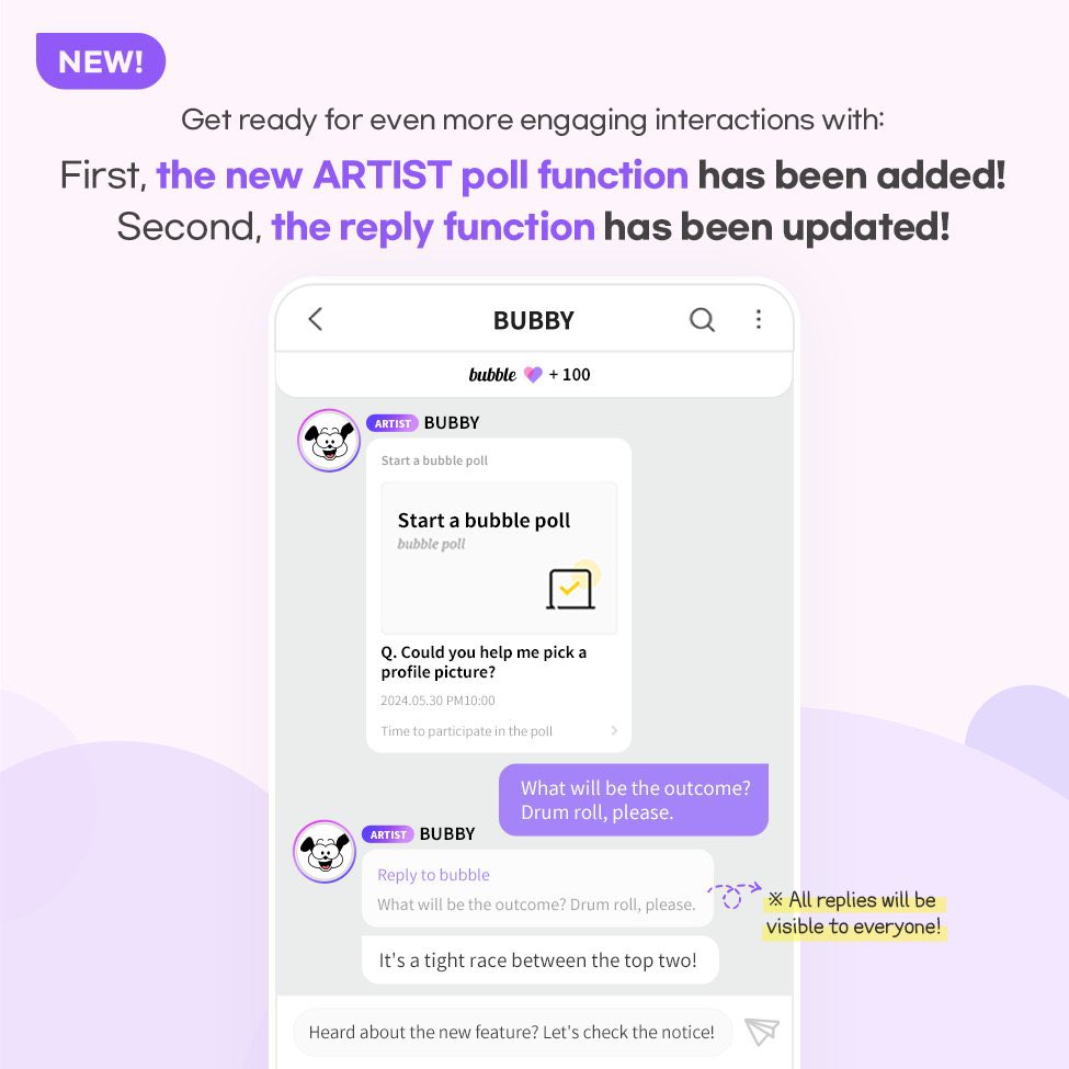 DearU Bubble has added new features to their bubble apps (including INB100 Bubble, Soosoo Bubble, and Lysn) where the artists can set up a poll function, and now they can directly reply to a fan's message and it'll be visible to everyone!