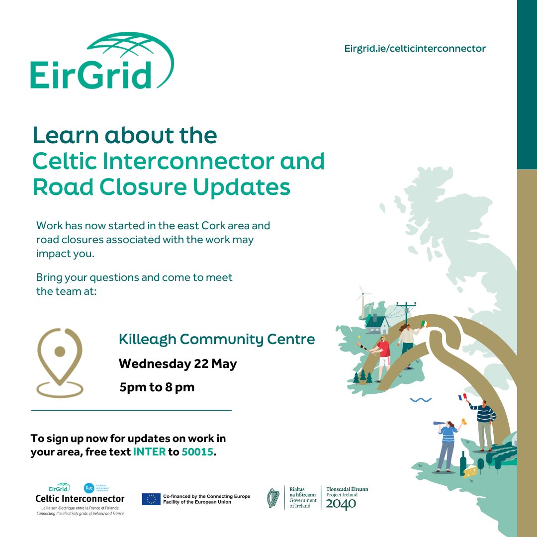 📢 EirGrid is hosting a cable construction #informationevent on the #CelticInterconnector project today from 5pm - 8pm at #Killeagh Community Centre, #Cork. 

ℹ️ See eirgrid.ie/celticintercon… for more information 🇮🇪 🇫🇷

#CEFEnergy ht