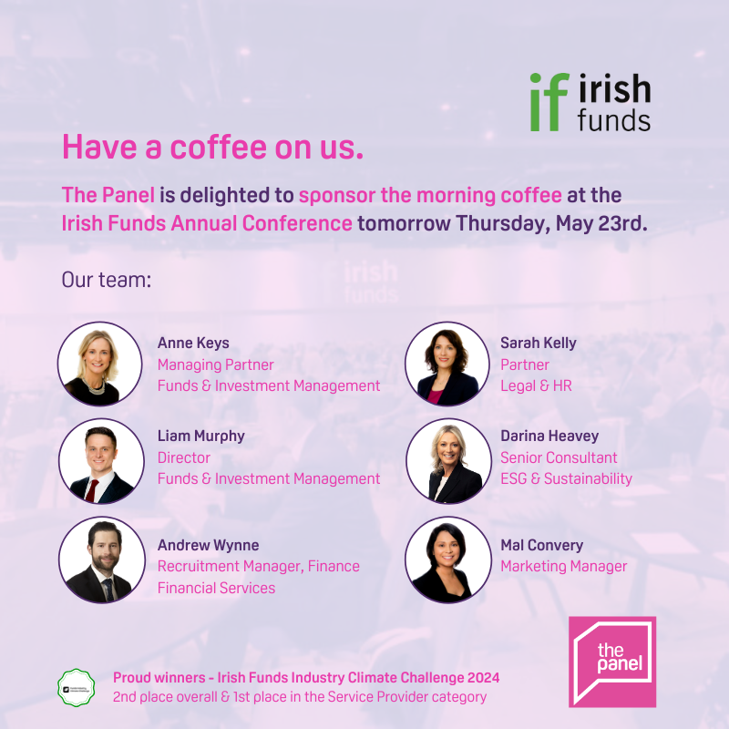 ThePanelDublin's tweet photo. The Panel is delighted to be back at the @IrishFunds Annual Conference tomorrow and we are sponsoring the morning coffee break.
Join us for a tea/coffee and a sweet treat! We'd love to catch up.
Anne, Liam, Andrew, Sarah, Darina, Olivia, and Mal.
#IFConf24 #IrishFunds https://t.co/urcvq5LvdL