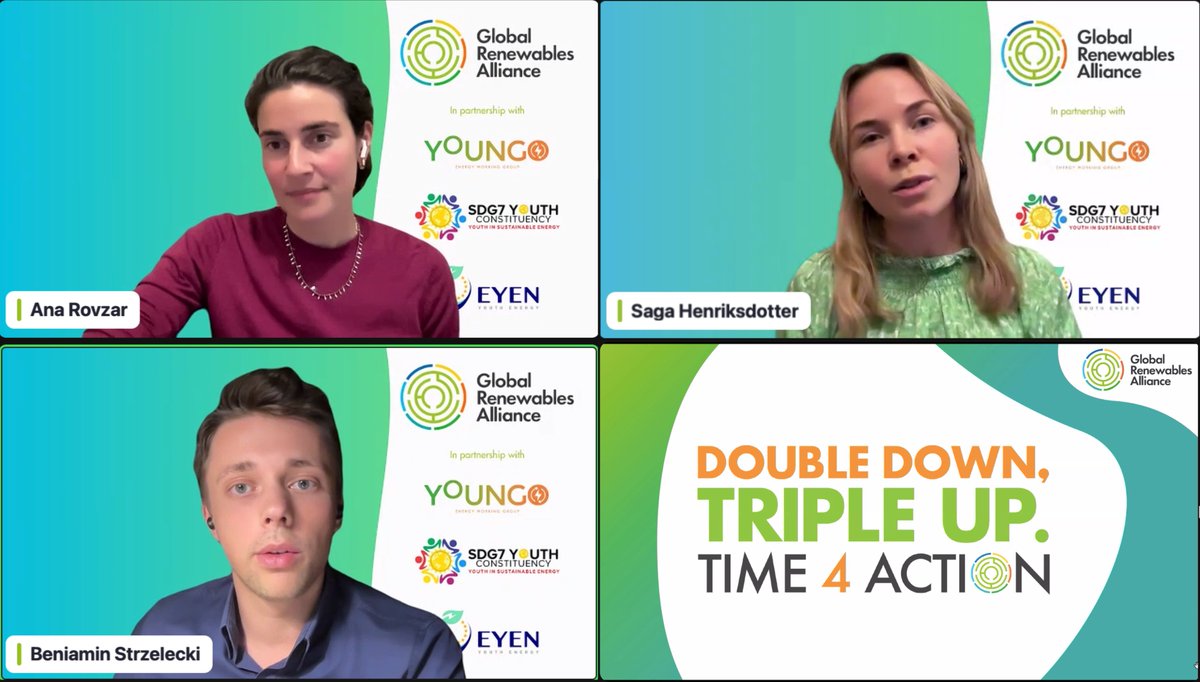 It’s #Time4Action to involve #youth in achieving the global #3xRenewables target 🌍Over 50 youth representatives from around the globe joined GRA, @youngo_unfccc, EYEN and @Sdg7Youth to get the latest updates on the #Time4Action campaign. ow.ly/q9C950RQzEu