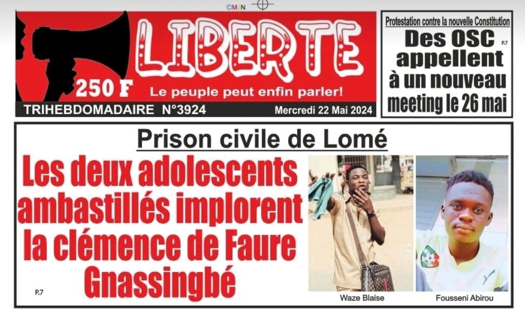 Pour avoir emis leurs opinions sur l'actualité politique au #Togo, ces deux enfants sont envoyés en prison. 

Ne leur reste maintenant qu'à 'implorer la clémence' du propriétaire du pays, pour espérer recouver la liberté. 1/2

#SansNousConsulter
