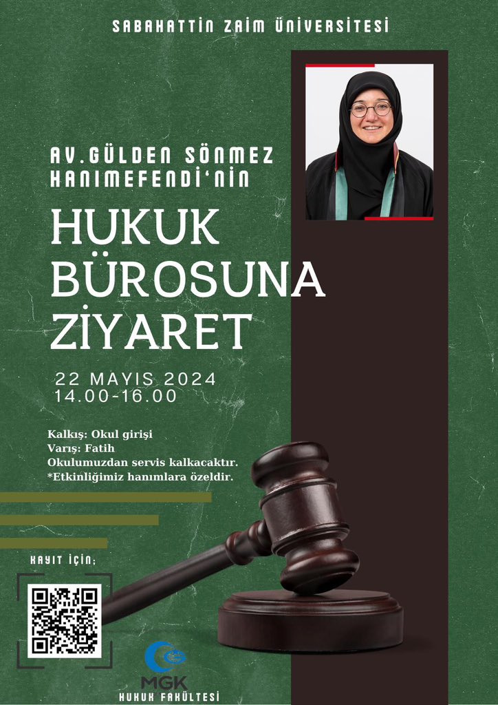 22 Mayıs Çarşamba günü Avukat Gülden Sönmez hanımefendinin hukuk bürosuna ziyaret gerçekleştireceğiz. Okulumuzdan servis kalkacaktır. 
📣Katılacak arkadaşlarımızın formu doldurması gerekmektedir. Kontenjan sınırlıdır.