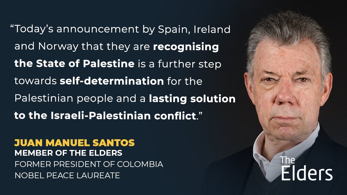 Juan Manuel Santos welcomes the decision of Spain, Ireland and Norway to recognise the State of #Palestine as a vital step towards achieving a lasting peace in the Israel-Palestine conflict. Click 'Show more' to read the comment in full: “Today’s announcement by Spain, Ireland