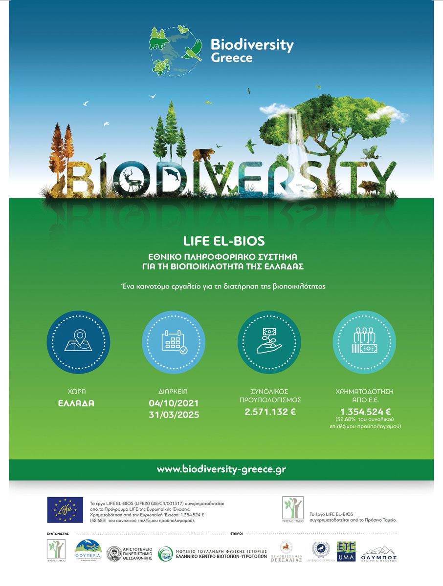 🌱🦋 Γιορτάζουμε την Παγκόσμια Ημέρα Βιοποικιλότητας με το έργο @LIFE_EL_BIOS 'Πληροφοριακό Σύστημα Καταγραφής & Παρακολούθησης της Βιοποικιλότητας της Ελλάδας', το οποίο συντονίζεται από το Πράσινο Ταμείο.
biodiversity-greece.gr
#LIFEProgramme #LIFEproject #WorldBiodiversityDay