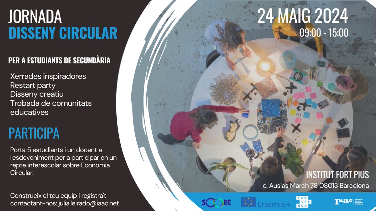 fablabbcn's tweet image. 👩‍🏫Docents! Voleu participar en la Jornada de Disseny Circular amb 5 dels vostres alumnes (2n-3r ESO) el 24/05 en el Inst. Fort Pius (9.00-15:00h)? 
🗣️Xerrades inspiradores, repte de e-waste i trobada interescolar. 
✉️ Interessats, contacteu: julia.leirado@iaac.net Us esperem!