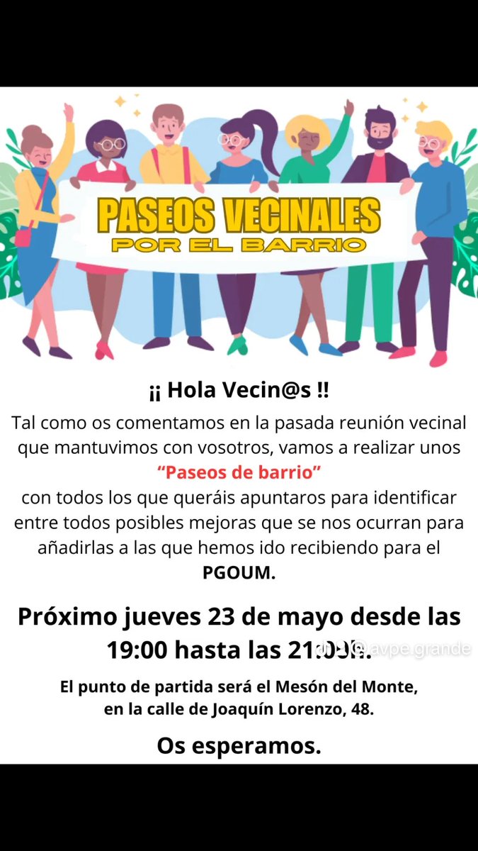 AVPEGrande's tweet photo. No podéis faltar a los nuevos “paseos de barrio” para identificar entre todos posibles mejoras que se nos ocurran y añadirlas a las que hemos ido recibiendo para el PGOUM.
Os esperamos.
#asociación #asociaciónvecinal #vecinos https://t.co/5j9rPvhxHc