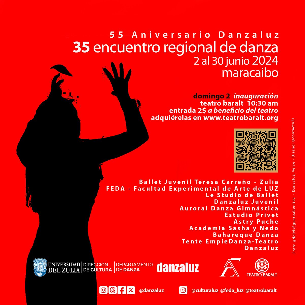 Ya están disponibles las entradas en 2$ para la inauguración del 35 Encuentro Regional de Danza a realizarse el próximo domingo 2 junio a las 10:30 am en el Teatro Baralt de Maracaibo. Escanea el QR y conoce el programa. Compra en teatrobaralt.org