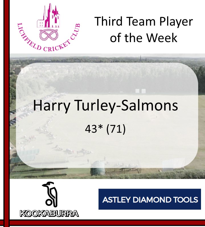 LichfieldCC's tweet photo. Player of the Match for the 3rd XI in Week 5 was Harry Turley-Salmons.  

He scored an unbeaten 43 to help the 3s chase a tricky total at Elford and remained unbeaten in the 2024 season. https://t.co/m0RriniXGz