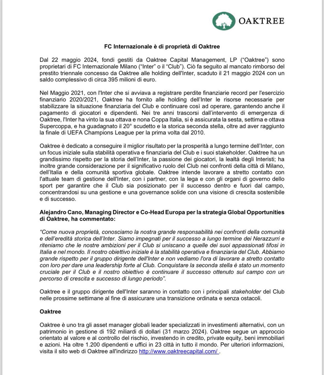 FabrizioRomano's tweet photo. ⚫️🔵 Inter are now officially owned by American fund Oaktree.

Oaktree Capital has taken control of the club after Suning Group's €368m loan was not returned, no agreement reached. https://t.co/UXSp9oPXjm