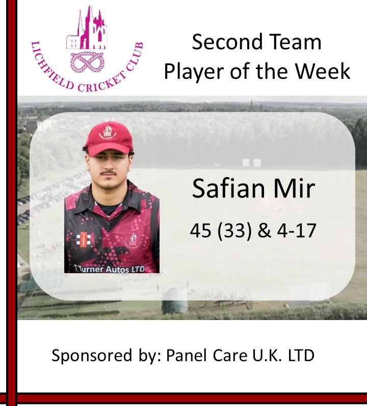 LichfieldCC's tweet photo. Player of the Match for the 2nd XI in Week 5 was Safian Mir.    

He took 4-17 and scored 45 off 33 balls in the 2s victory over Codsall.

Saf is sponsored for the 2024 season by Panel Care U.K. Ltd. https://t.co/VJMmCJkNT6