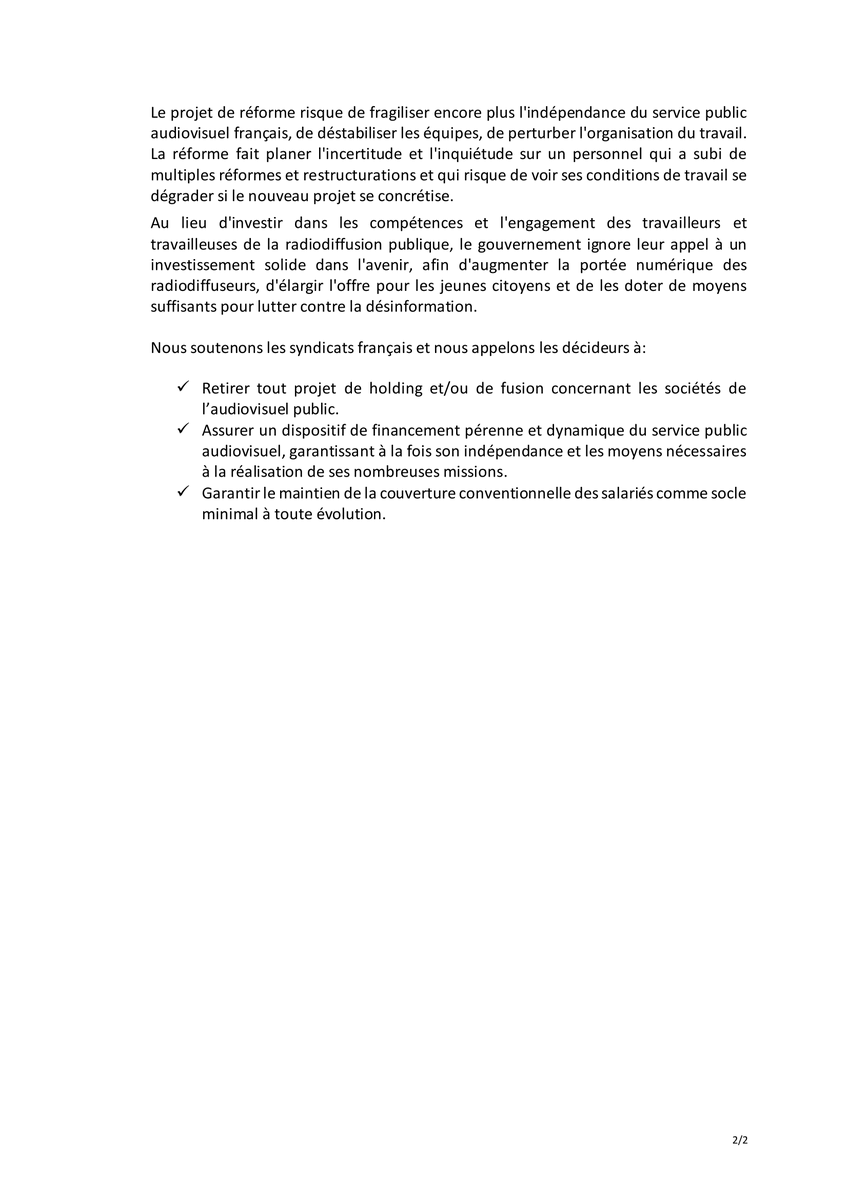 👉Défendre les médias de service public français contre une réforme dangereuse. Communiqué d' UNI Global Union - Médias, Spectacles & Arts.