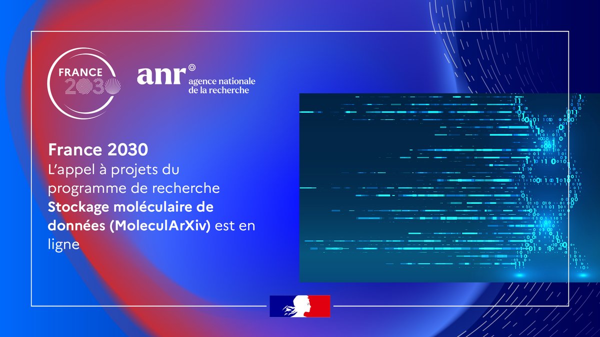 #France2030 📢 L'appel à projets 2024 du programme de recherche exploratoire #PEPR Stockage moléculaire de données (#MoleculArXiv)🧬 est en ligne 📅 Remise des lettres d’intention : 11/06/2024 📅 Remise des projets : 31/10/2024 Lien vers l'AAP ➡️ bit.ly/4aqMTiJ