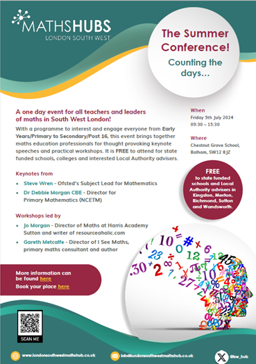 London South West Maths Hub (@lsw_hub) on Twitter photo 🚨Booking is still open for the <a href="/lsw_hub/">London South West Maths Hub</a> Summer Conference. Join us on 5th July for thought provoking keynote speeches and practical workshops. For more details and booking, click the link bit.ly/3xX7xJB <a href="/MathsHubs/">MathsHubs</a> <a href="/NCETM/">NCETM</a> <a href="/WandleTSHub/">Wandle Teaching School Hub</a> <a href="/HCACP_TSHub/">Crystal Palace South London Teaching School Hub</a> 🚨Booking is still open for the <a href="/lsw_hub/">London South West Maths Hub</a> Summer Conference. Join us on 5th July for thought provoking keynote speeches and practical workshops. For more details and booking, click the link bit.ly/3xX7xJB <a href="/MathsHubs/">MathsHubs</a> <a href="/NCETM/">NCETM</a> <a href="/WandleTSHub/">Wandle Teaching School Hub</a> <a href="/HCACP_TSHub/">Crystal Palace South London Teaching School Hub</a>