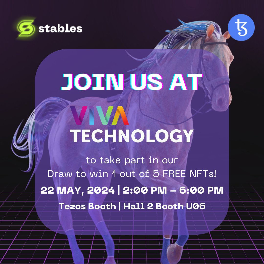 playstables's tweet photo. π£ It's happening today! We will be taking over the Tezos both at @VivaTech | 2:00pm to 6:00pm!
If you're around, make sure to pass by, meet the stables team and take part in our draw to win 1 of 5 FREE Stables NFTs! ππ
#playstables #VivaTech https://t.co/QZwejVBE3E