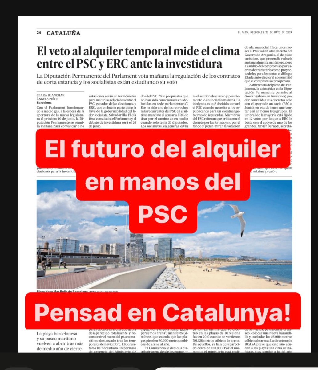 L'oferta de lloguer ha caigut un 48% i continuarà caient. Ni estudiants ni treballadors temporals aconseguiran millors oportunitats de lloguer amb el DL 6/2024 tot al contrari! Ratificar-ho serà la gota que vessarà el got #NoAlDecretoLey62024
<a href="/socialistes_cat/">Socialistes PSC/❤</a> <a href="/salvadorilla/">Salvador Illa Roca</a>