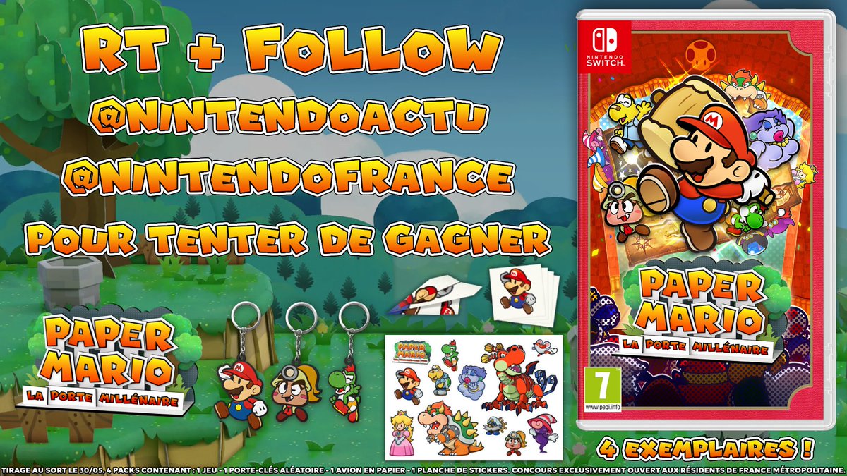 [CONCOURS] Tentez de gagner 4 packs contenant Paper Mario : La Porte Millénaire et ses goodies !
Pour participer :
- RT + Follow <a href="/NintendoActu/">Nintendo Actu</a> et <a href="/NintendoFrance/">Nintendo France</a>
- Mentionne un(e) ami(e) et réponds avec le #PaperMario !

🎁 4 gagnants ! Tirage au sort le 30/05.