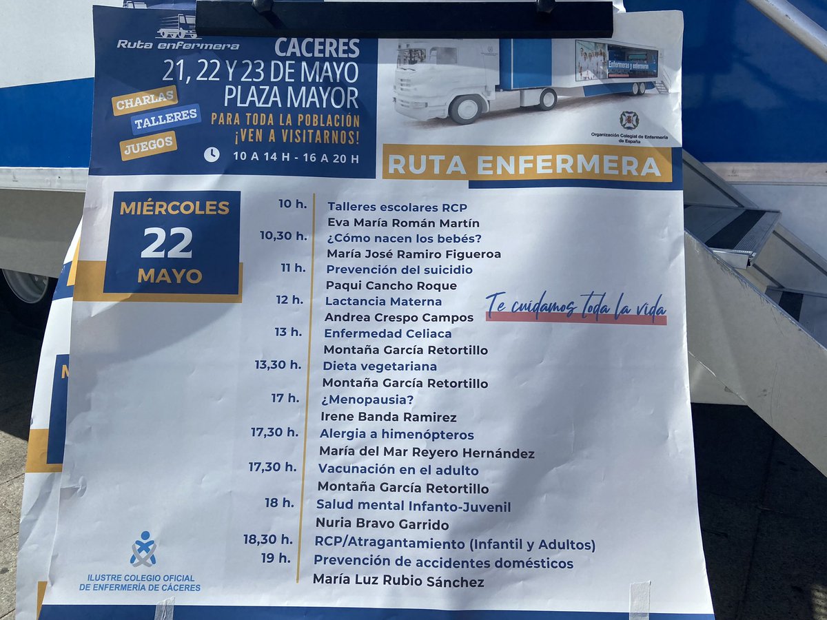 🚍¡Día 2️⃣ de la #RutaEnfermera en #Cáceres! 
📍Os esperamos en la Plaza Mayor con muchos talleres, charlas, consejos y juegos sobre #salud y #cuidados. ¡De 10 a 14 y de 16 a 20 hs! #colegioenfermeriacáceres @CGEnfermeria #AjatollahDuda tecuidamostodalavida