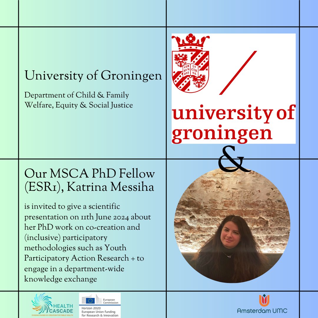 Our @MSCActions PhD Fellow Katrina Messiha, will deliver a scientific presentation on 11th June '24 at the @univgroningen, hosted by the Dept. of Child and Family Welfare. Her presentation will focus on her PhD research, centred on Co-creation and Participatory Methodologies! 👏