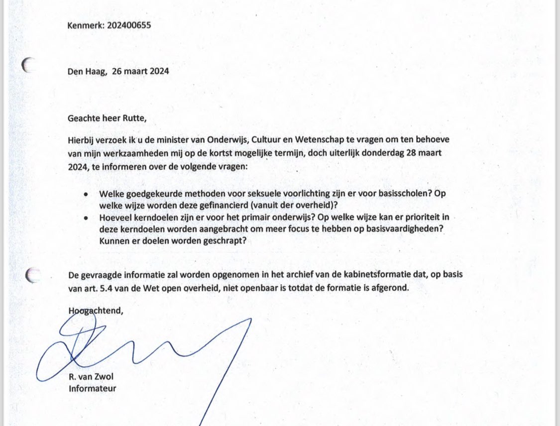 327 pagina’s aan stukken vrijgegeven vlak voor het debat. Op 26 maart zijn informateurs Van Zwol en Dijkgraaf net een week bezig en vragen ze dit bij het ministerie van onderwijs. #hoofdlijnenakkoord
