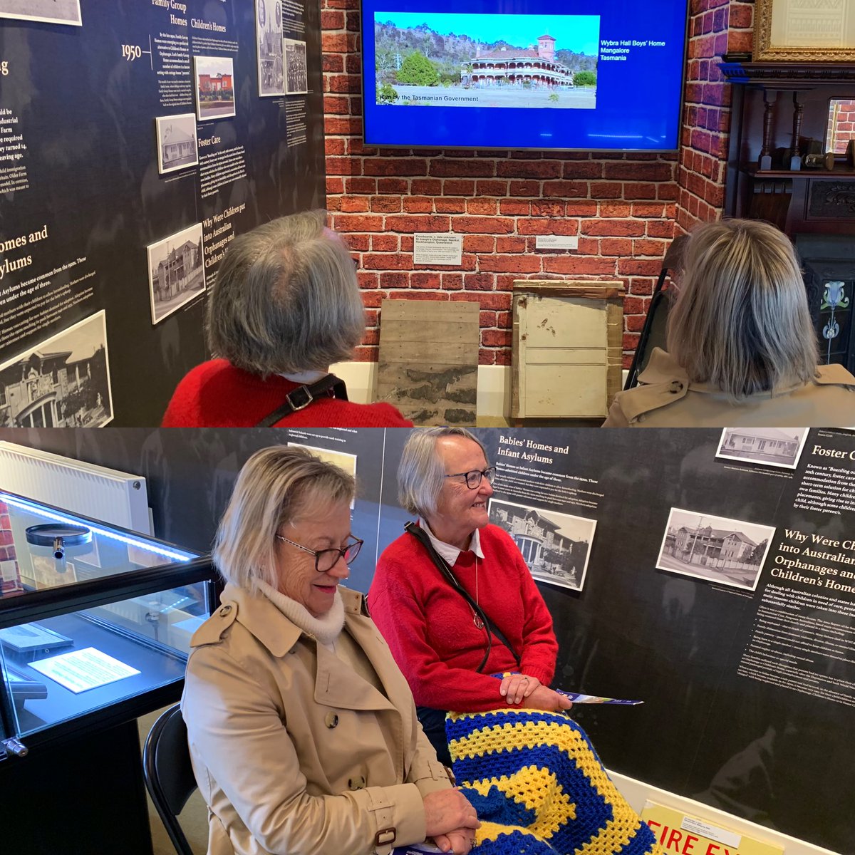Today we had 4 visitors at the Australian Orphanage Museum Dianne&Margaret of #Geelong Loved how they watched DVD of 8 #Children’sHomes in each state of OZ With the granny blanket over their knees Also thanks $50 donation ⁦@RichardMarlesMP⁩ ⁦@geelongaddy⁩ #SpringSt
