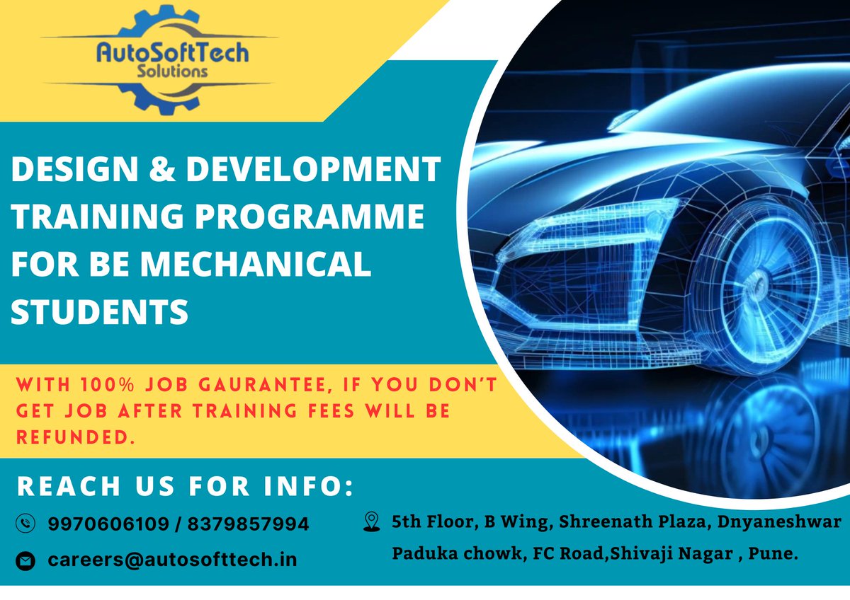Autosofttech's tweet image. Unlock Your Future with Our Design &amp;amp; Development Training Programme for BE Mechanical Students! 🎓
 
Reach out to us for more info:

📍 5th Floor, B Wing, Shreenath Plaza, Dnyaneshwar Paduka Chowk, FC Road, Shivaji Nagar

#MechanicalEngineering #JobGuarantee #TrainingProgram .