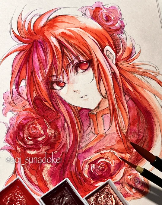 幽白の蔵馬を描いた水彩で塗ったアナログイラスト画像の下の方にある3色のみて塗ってみた・朱色・薔薇色・銅色にじみも綺麗に出来たし嬉しいな〜 