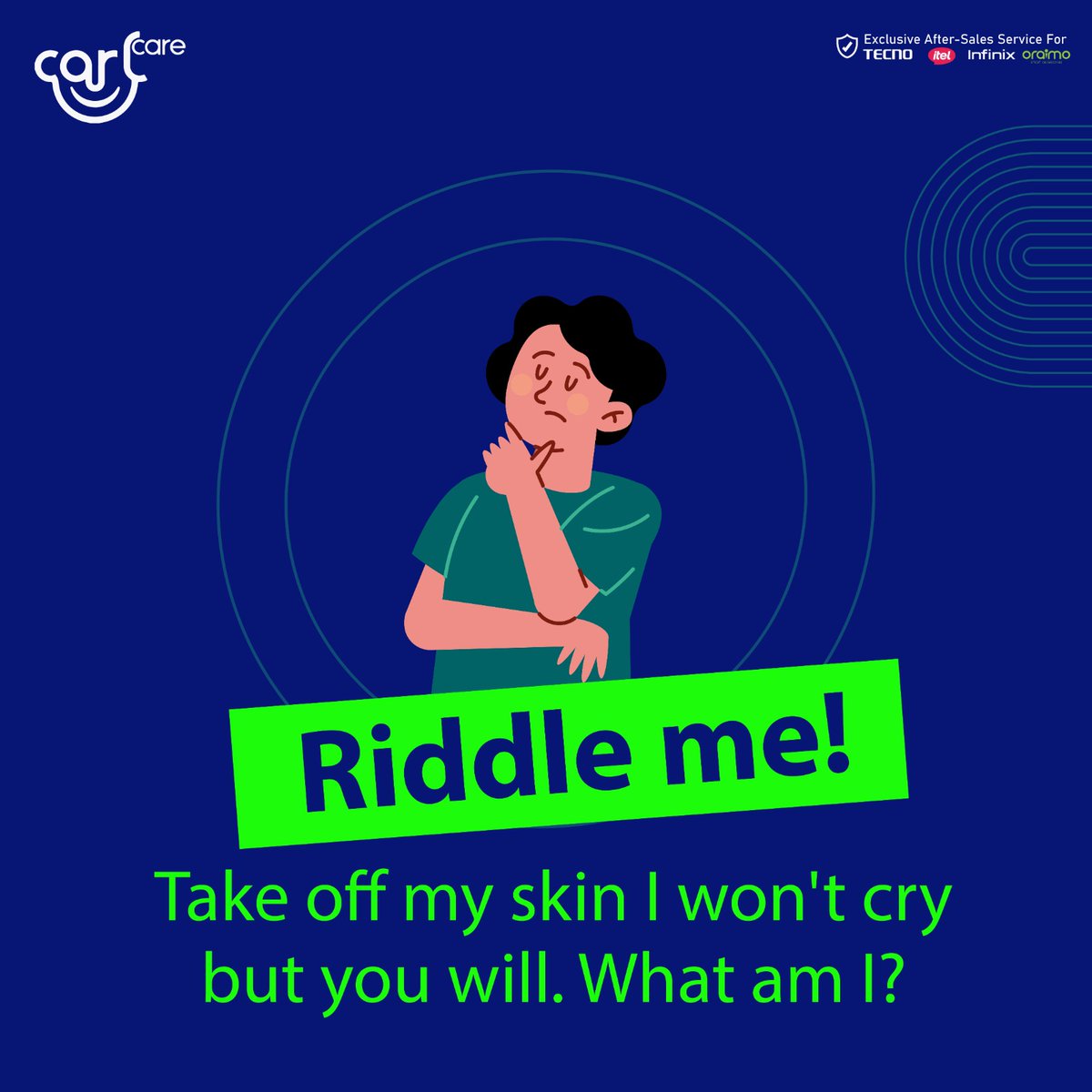 Carlcareug's tweet photo. #Riddleme
Take off my skin l won't cry but you will. What am lโ๏ธ
Hint: ๐
#comments #CarlcareService https://t.co/mjpuDQPNdR