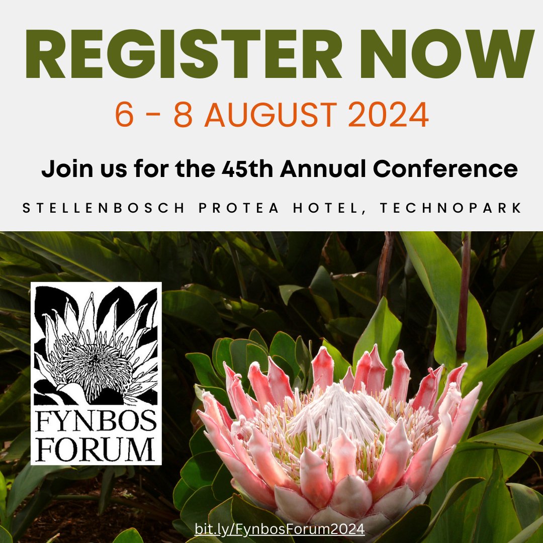 Don't miss out on the 45th Annual Fynbos Forum Conference happening on 6-8 August 2024!

Theme: Rooted Resilience:
Navigating the Future of Fynbos Conservation

Secure your spot today: bit.ly/FynbosForum2024
Take advantage of the early bird rates before they end on 15 June.