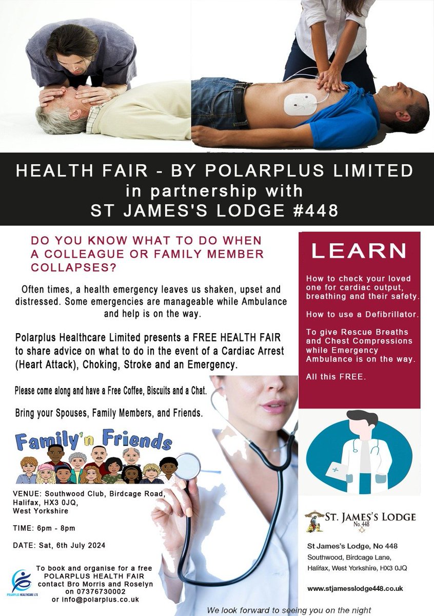 <a href="/StJamess448/">St James's Lodge</a> in partnership with Polarplus Health are hosting a health fair.
The event is open to all Brethren,  family and friends.