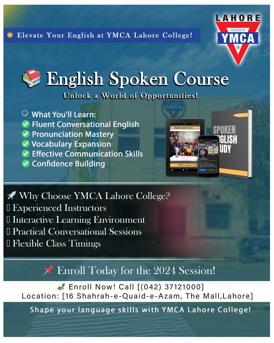 ymca_lahor59383's tweet photo. "Enhance Your English Skills: Join Our Course at YMCA Lahore College!" 
.....................
#ymcalahore #englishcourse #ymca #lahorecollege #languageskills
#fluentenglish #CommunicationSkills #JoinNow #learnenglish
#languagelearning #education #studentsuccess #courseenrollment https://t.co/b94BhZpIyp
